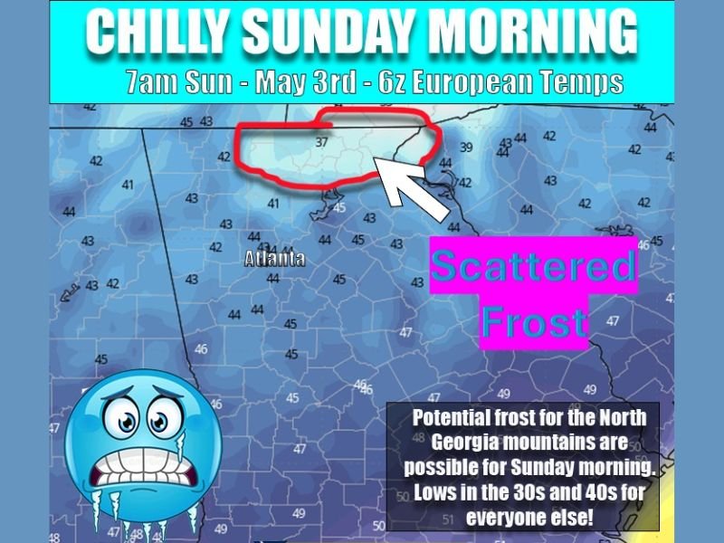 Scattered Frost and Lows Dropping Into the 30s and 40s Across North Georgia Including Atlanta and the Mountain Communities This Sunday Morning May 3