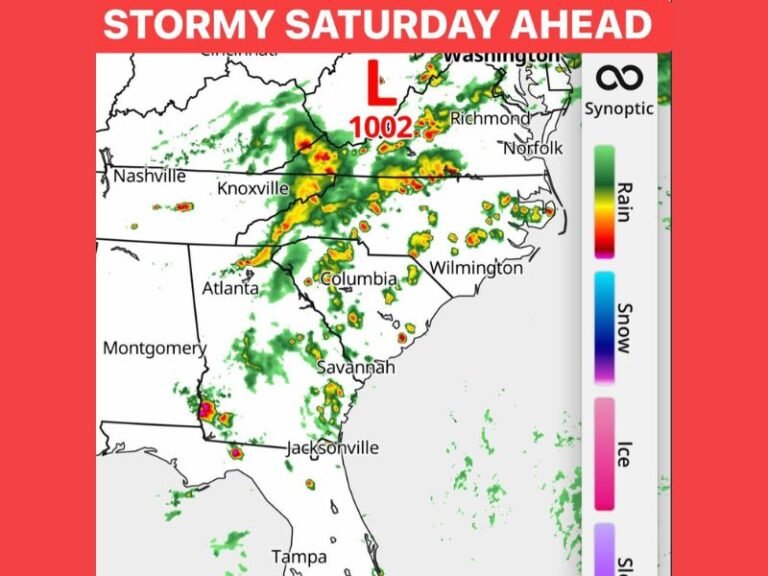Scattered Heavy Rain, Thunder, and Lightning Moving Through Knoxville, Charlotte, and Southeast Coast Saturday With No Washout but Storms to Dodge Throughout the Day