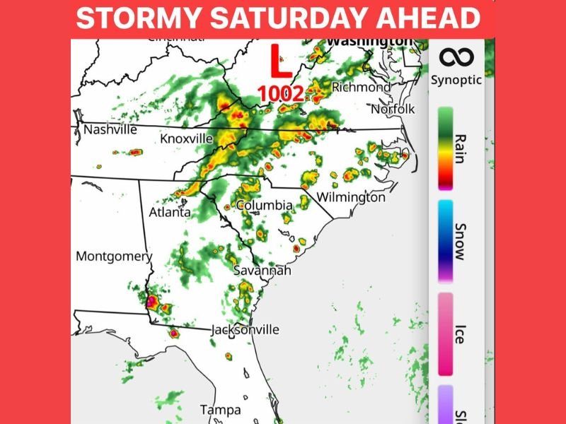Scattered Heavy Rain, Thunder, and Lightning Moving Through Knoxville, Charlotte, and Southeast Coast Saturday With No Washout but Storms to Dodge Throughout the Day