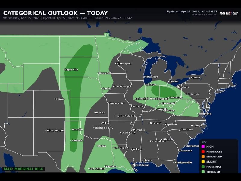 Scattered Severe Storms Possible Wednesday Across Midwest and Ohio Valley With Damaging Winds and Hail as Primary Threats and Tornado Chance Under 2%