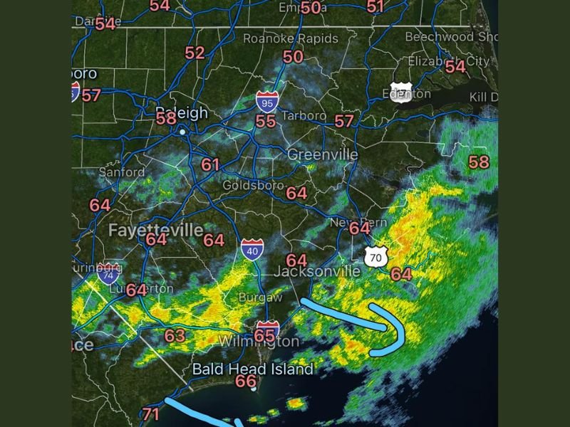 Scattered Showers Moving Through Central and Eastern North Carolina Including Raleigh, Greenville, and Wilmington Temporarily Reducing Wildfire Threat Through Mid Afternoon