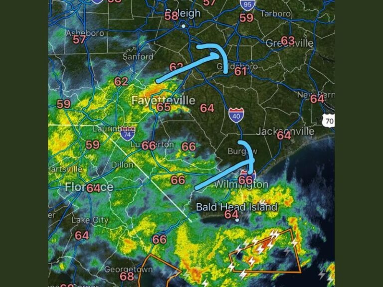 Scattered Showers and Coastal Thunderstorms Moving Through Southeastern North Carolina Including Fayetteville, Wilmington, and Jacksonville Through Early Afternoon Thursday