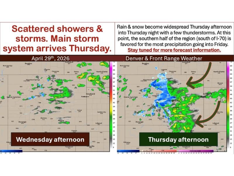 Scattered Storms Wednesday With Wet Snow Possible Overnight Across Colorado Including Colorado Springs, Pueblo, and the Palmer Divide Before Major System Arrives Thursday