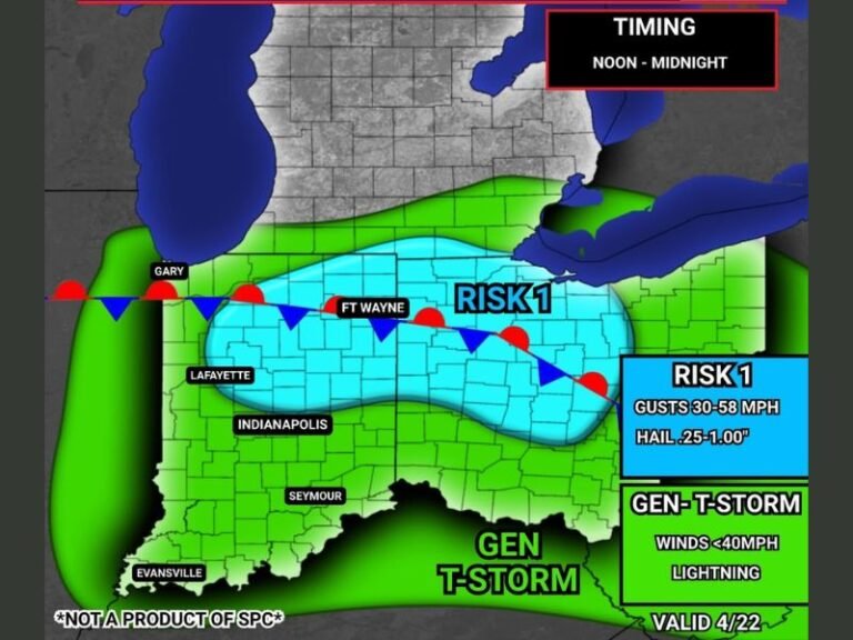 Scattered Thunderstorms With 30-58 MPH Gusts and One-Inch Hail Possible Across Central and Northern Indiana Including Fort Wayne and Indianapolis Noon Through Midnight