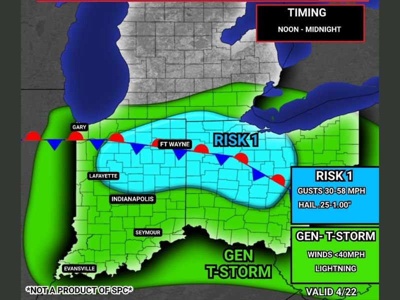Scattered Thunderstorms With 30-58 MPH Gusts and One-Inch Hail Possible Across Central and Northern Indiana Including Fort Wayne and Indianapolis Noon Through Midnight