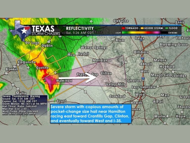 Severe Thunderstorm Racing 65 MPH East-Northeast From Hamilton Toward Cranfills Gap, Clifton, and I-35 Corridor With One-Inch Hail and Heavy Rain Saturday Morning