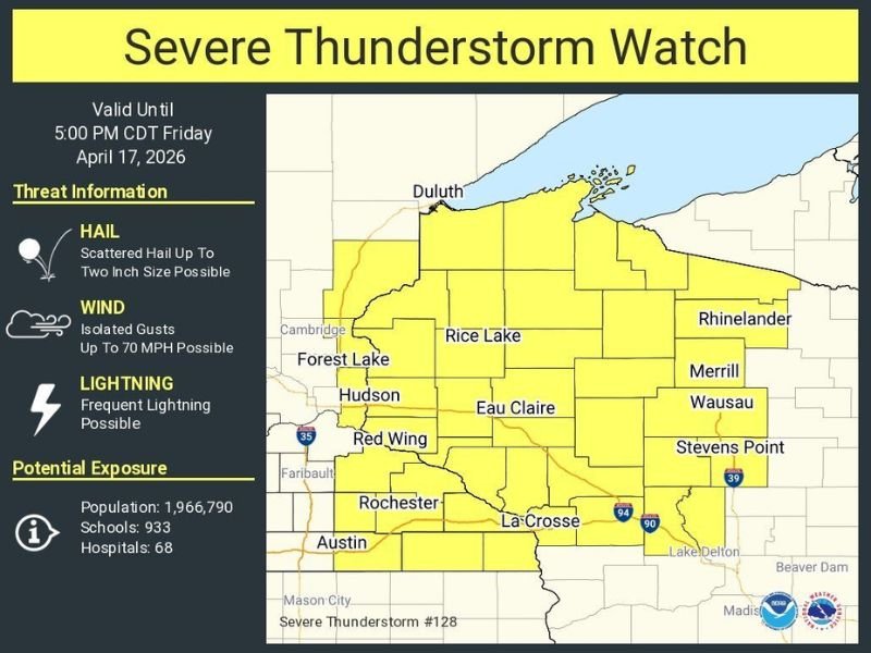 Severe Thunderstorm Watch Issued for Minnesota and Wisconsin Until 5 PM Friday With Two-Inch Hail, 70 MPH Gusts, and Frequent Lightning Threatening Nearly 2 Million Residents