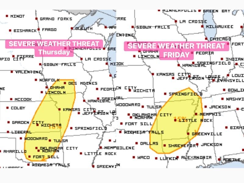 Severe Weather and Tornado Threat Returns to Southern Plains and Midwest Thursday Through Friday With Kansas, Oklahoma, and Arkansas in the Crosshairs