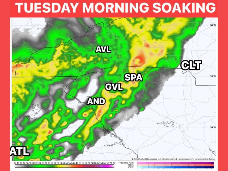 Soaking Rain Targeting the Carolinas and Georgia Including Charlotte, Greenville, and Atlanta During Morning Commute Tuesday With a Heavier Round Returning Wednesday Morning