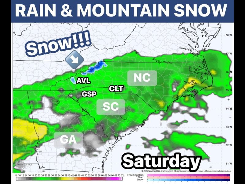 Soaking Rain With Over an Inch Possible and Rare May Mountain Snow Targeting the Carolinas and Georgia Including Asheville, Charlotte, and Greenville This Saturday