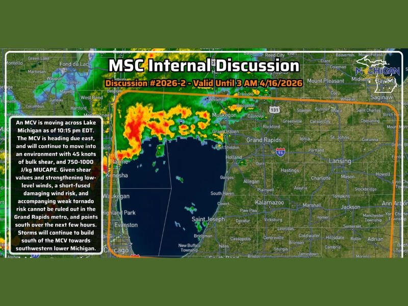 Southwestern Lower Michigan Including Grand Rapids and Muskegon Face Severe Thunderstorm Threat Through 3 AM as Mesoscale Convective Vortex Crosses Lake Michigan