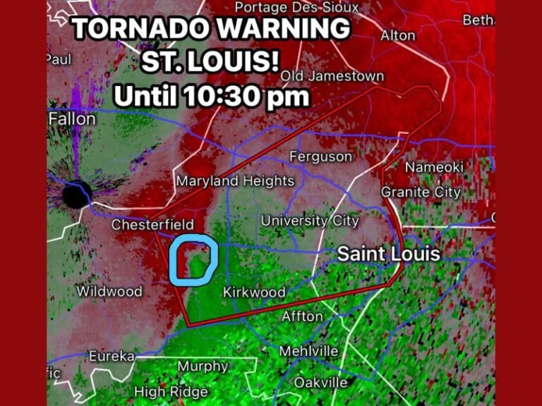 St. Louis Tornado Warning Issued Until 10:30 PM With Weak Rotation Detected Over Kirkwood and Chesterfield Area