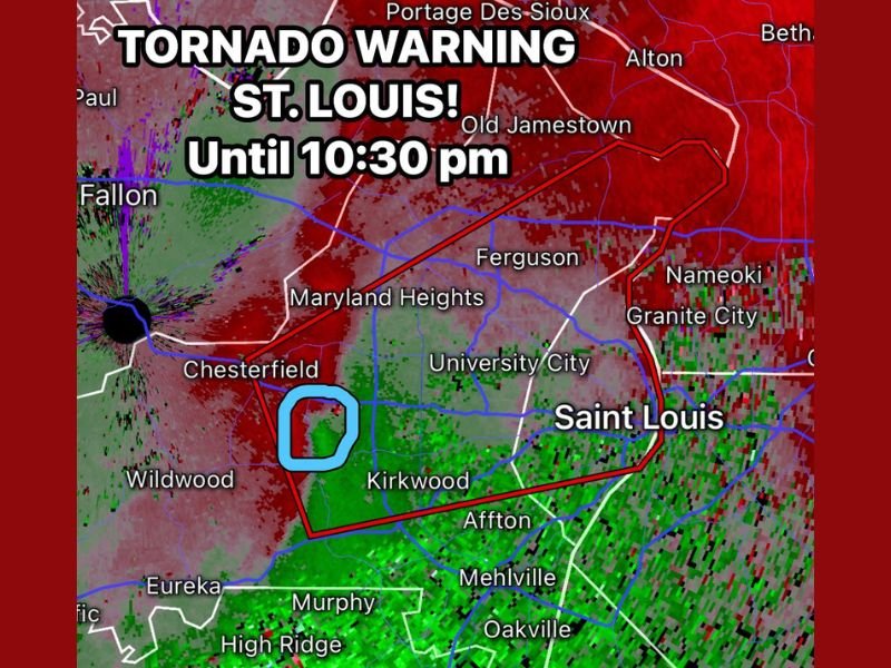 St. Louis Tornado Warning Issued Until 10:30 PM With Weak Rotation Detected Over Kirkwood and Chesterfield Area