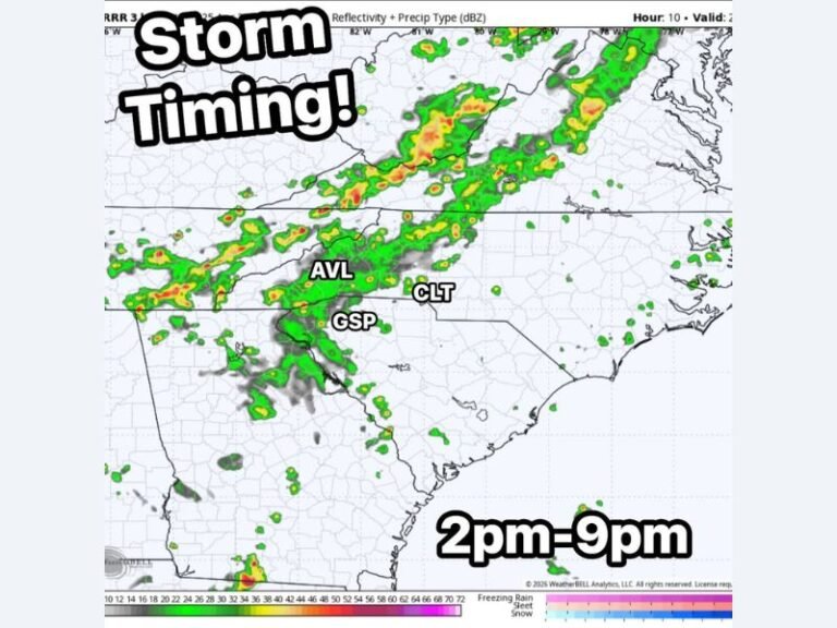 Storms Moving Through the Carolinas Including Asheville, Charlotte, and Greenville-Spartanburg Bringing Heavy Rain, Lightning, and Gusty Winds With Low Overall Severe Threat