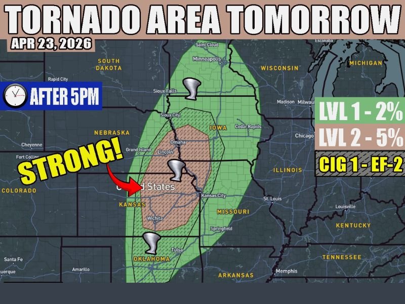 Strong EF-2 Tornado Threat Targeting Southwest Iowa and Kansas After 5 PM Thursday April 23 With Discrete Supercells and All-Mode Severe Risk Extending Into Oklahoma