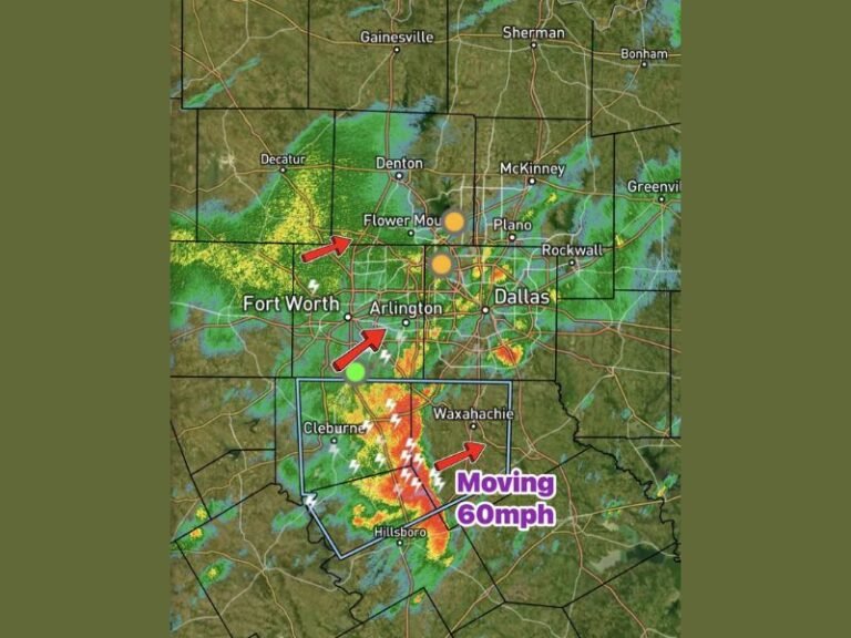 Strong Storm Moving Through Red Oak and Hillsboro at 60 MPH Saturday Morning With 50 MPH Gusts and Pea-Size Hail Targeting Dallas-Fort Worth Metroplex