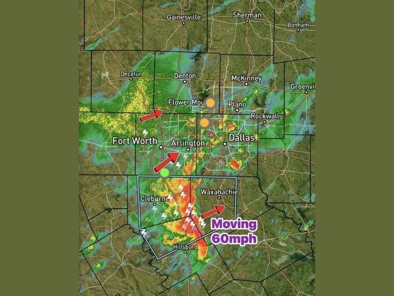 Strong Storm Moving Through Red Oak and Hillsboro at 60 MPH Saturday Morning With 50 MPH Gusts and Pea-Size Hail Targeting Dallas-Fort Worth Metroplex