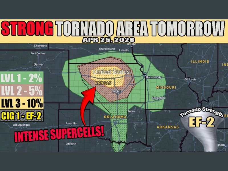 Strong Tornado Area With Intense Supercells and EF2 Tornado Potential Targeting Central Kansas Including Wichita and Salina April 25 With 10% Tornado Probability at the Core
