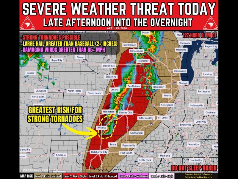 Strong Tornadoes, Baseball-Size Hail, and 65 MPH Winds Threatening Eastern Kansas, Wichita, and Northern Oklahoma This Afternoon Through Overnight April 23