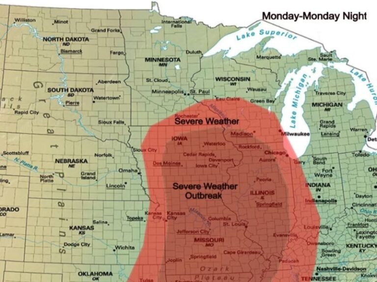 Strong Tornadoes, Powerful Winds, and Very Large Hail Threatening Iowa, Illinois, and Missouri in Severe Weather Outbreak Monday Through Monday Night