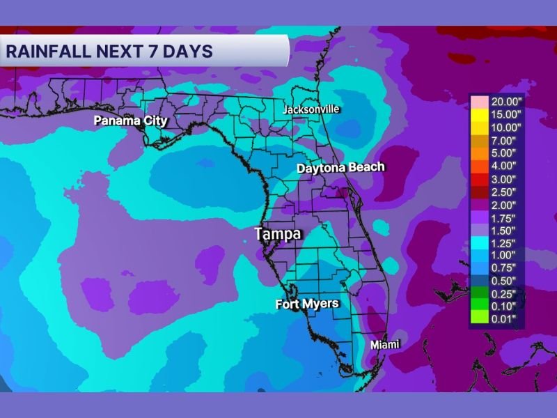 Substantial Rainfall of 1.5 to 2.5 Inches Forecast Across Florida Including Tampa, Jacksonville, and Panama City Over the Next 7 Days With Most Totals Arriving This Weekend