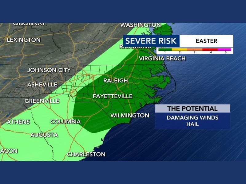 Sunday Afternoon: Level 1 Severe Storm Risk Expands Across North Carolina, Virginia, and South Carolina With Wind and Hail Threat