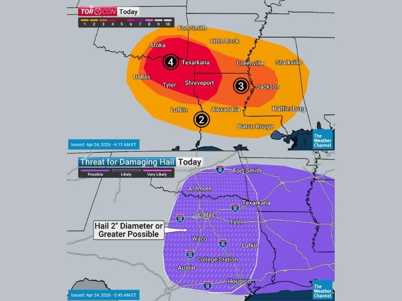TORCON 4 Tornado Risk and 2-Inch Plus Hail Threatening ArkLaTex Including Texarkana, Shreveport, and Dallas Today With Central Mississippi at TORCON 3