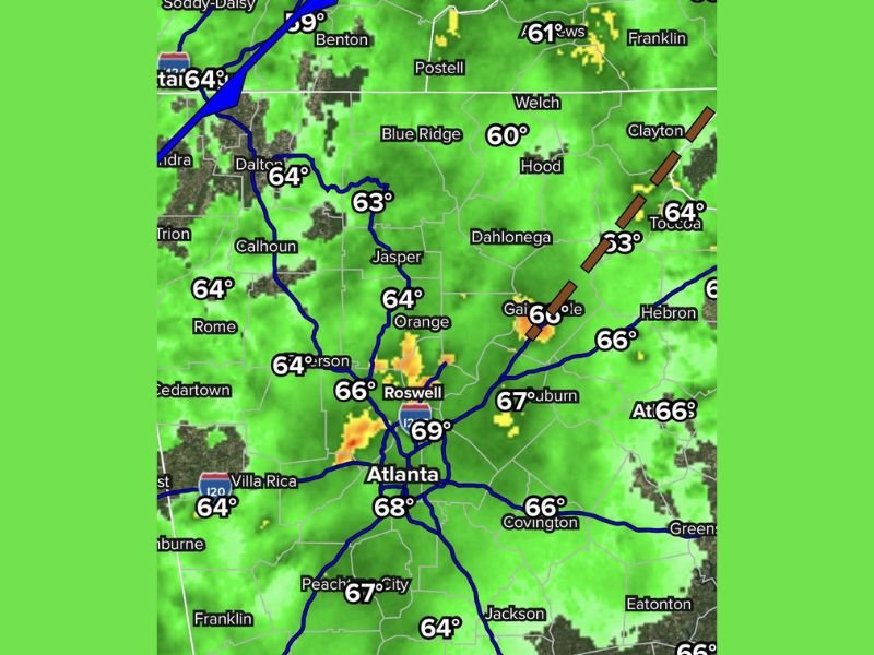 This Morning: Steady Rain Covers North Georgia With Damp 60s Start, Showers Tapering by Afternoon, and Cooler Cloudy Conditions Lingering Across Atlanta Region