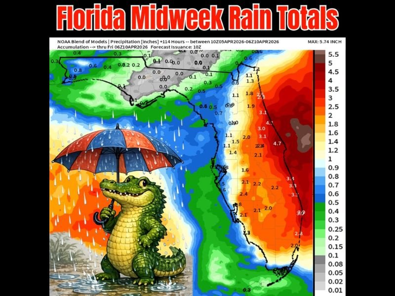 This Week: Lingering Easter Front Brings Multiple Rounds of Rain Across Florida With Midweek Totals Climbing 2 to 4 Inches and Heavier Bands Targeting the East Coast Before Dry Weekend Return