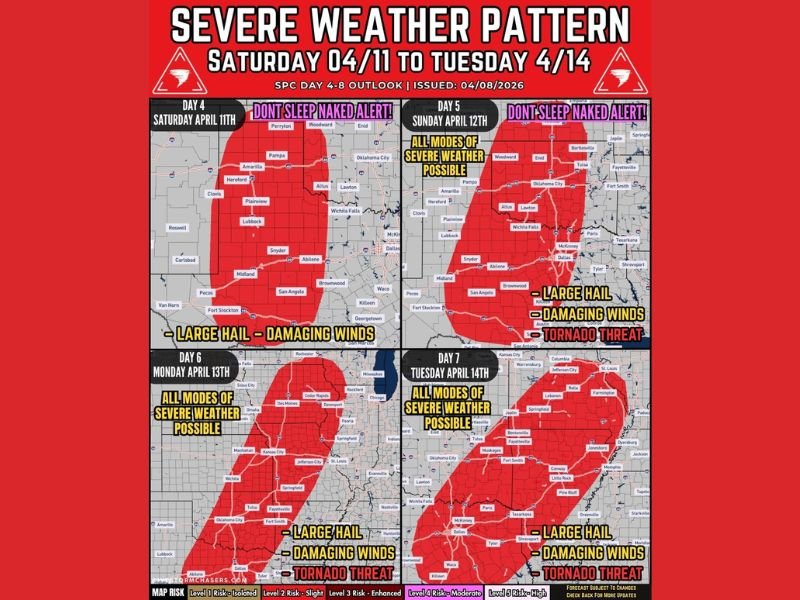 This Weekend Through Midweek: Texas, Oklahoma, Kansas, Missouri, Arkansas, Iowa, and Illinois Face Multi-Day Severe Storm Threat With Tornadoes, 70 MPH Winds, and Large Hail
