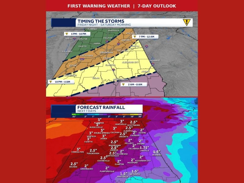 Three Impact Days Threatening Alabama This Week With Friday Storms After 5 PM, Monday Night Severe Risk, and 2-3 Inches of Rainfall Expected Statewide