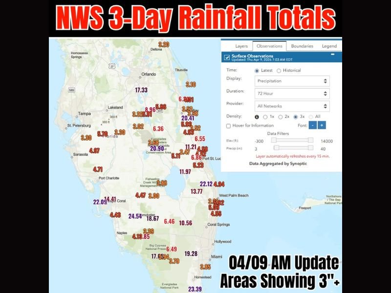 Today: Florida Sees Extreme 3 to 24 Inch Rainfall Totals Over 72 Hours as Flooding Concerns Rise Across Multiple Regions
