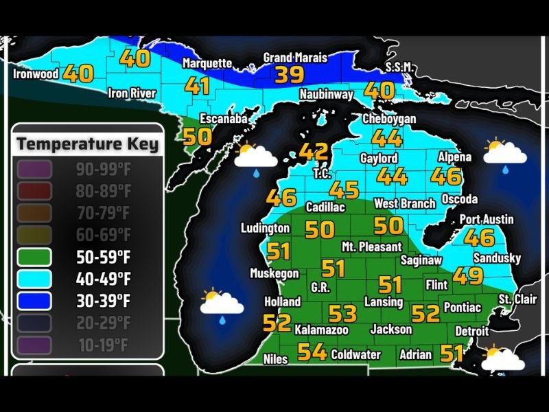 Today: Michigan Sees Morning Rain, Cool 30s and 40s North, 50s South Before Clearing Skies and Calmer Evening Conditions