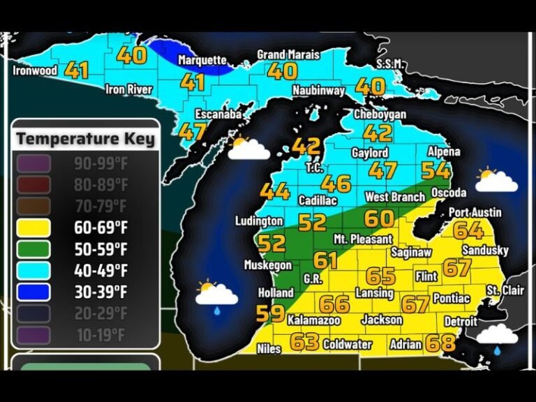 Today: Michigan Sees Morning Rain, Gusty Winds, 60s South and 40s North With Late-Day Showers and Possible Snow Into Friday