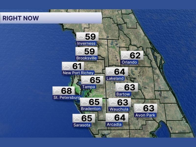 Today: Tampa, St. Petersburg, Orlando and Central Florida Wake Up to 59–68° Temps With Dry Skies and Sunshine Ahead