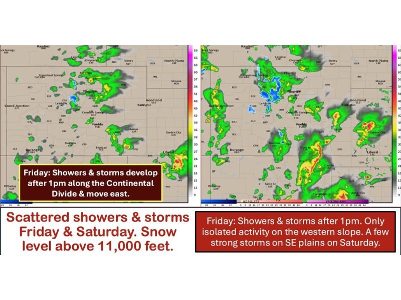 Today and Saturday: Colorado, Southeast Wyoming and Southwest Kansas See Afternoon Storms After 1 PM With Gusty Winds, Hail and Snow Above 11,000 Feet