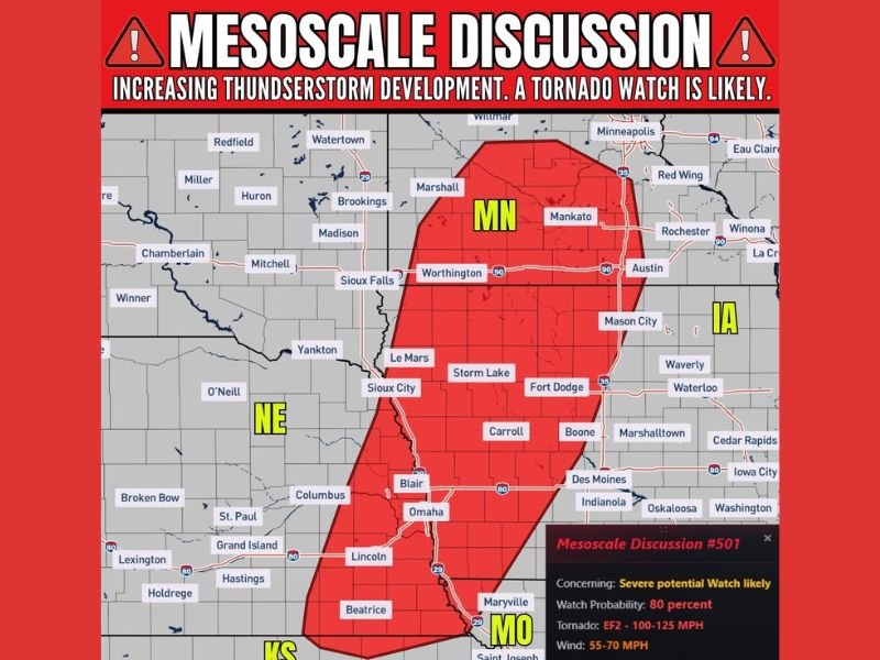 Tornado Watch Likely Imminent for Nebraska, Iowa, and Minnesota as Mesoscale Discussion Flags EF-2 Tornado Potential With 3.5-Inch Hail and 70 MPH Winds