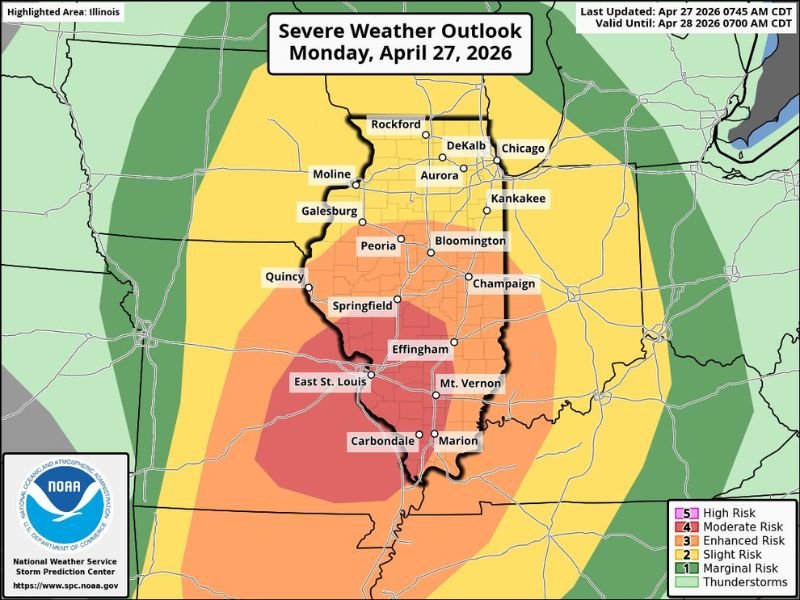Tornadoes, Large Hail, and Damaging Winds Targeting Illinois Including East St. Louis, Carbondale, and Springfield With Moderate Risk Introduced for Southwest Illinois Today