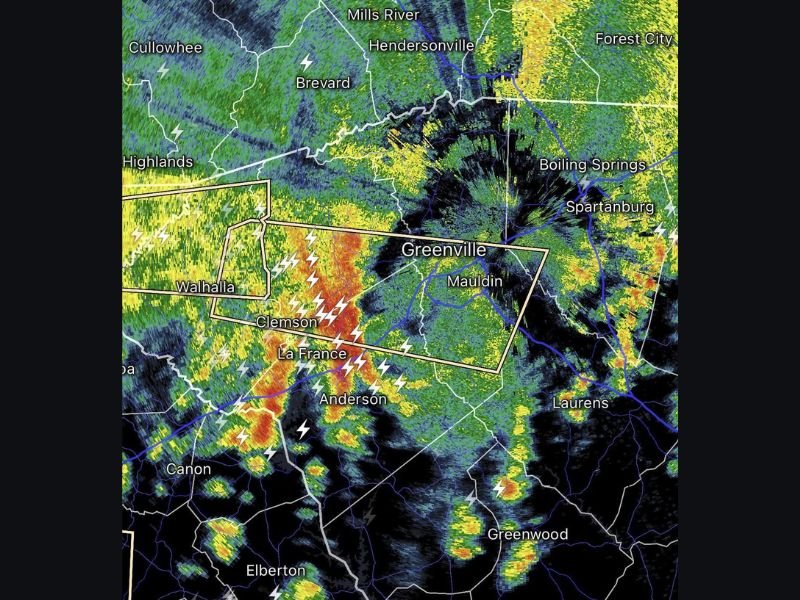 Torrential Rain, 40 MPH Winds, Frequent Lightning, and Small Hail Moving Into South Carolina Including Greenville, Clemson, and Anderson With Visibility Dropping Fast Now