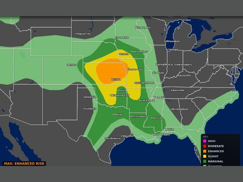 Very Large Hail, Damaging Winds, and Strong Tornadoes Threatening Central and Southern Plains Including Wichita, Oklahoma City, Kansas City, and Tulsa With Enhanced Risk in Place Today
