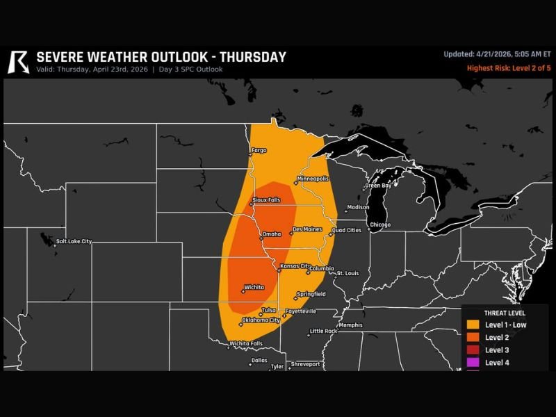 Very Large Hail and Damaging Winds Threatening Iowa, Nebraska, and Kansas Thursday April 23 With Level 2 Risk Stretching From Fargo to Oklahoma City