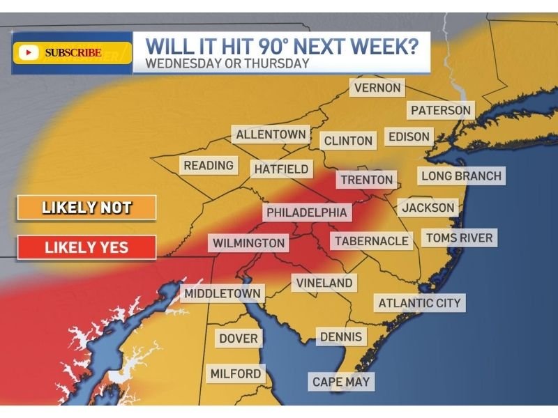 Wednesday–Thursday: Philadelphia, Wilmington, and Inland I-95 Corridor in Pennsylvania, Delaware, and New Jersey Likely to Hit 90°F While Shore Communities Stay Cooler