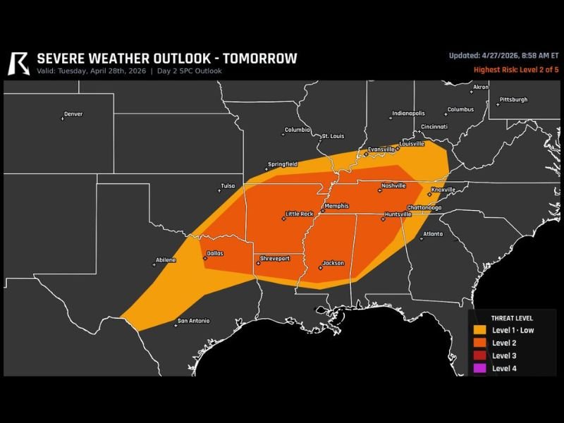 Widespread Damaging Winds Likely Across Arkansas and the Mississippi Valley Including Little Rock, Memphis, and Nashville Tuesday Evening With Level 2 Risk in Place