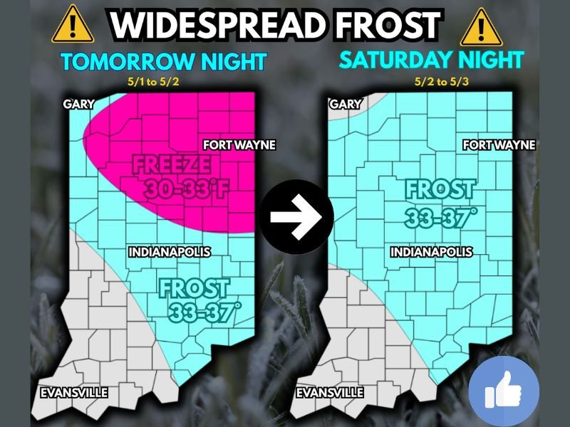 Widespread Frost and Hard Freeze Down to 30 Degrees Threatening Indiana Including Indianapolis, Gary, and Fort Wayne Friday Night Into Saturday With Agricultural Impacts Expected