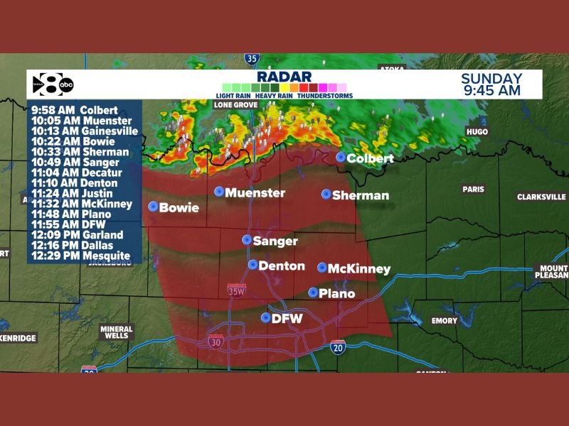 40mph Wind Gusts and Pea Size Hail Moving South Across North Texas Including Gainesville, Denton and DFW Sunday Morning With Storm Line Reaching Dallas by 12:16PM
