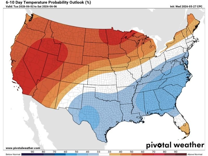 Above Normal Temperatures Sliding Into the West and Central US While Below Normal Temperatures Cover Texas and the Southeast Including Houston During the June 2 to 6 Period