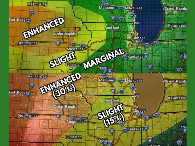 All Hazards Severe Weather Threat Across Illinois and Wisconsin Including Rockford Chicago and Milwaukee With Monday Carrying Enhanced Risk at 30 Percent