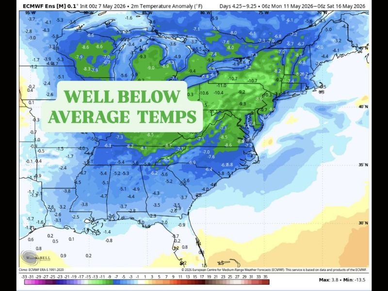 Another Blast of Cold Air Dropping Temperatures 10 to 15 Degrees Below Average Across the East Coast With Frost Possible May 11 Through May 15