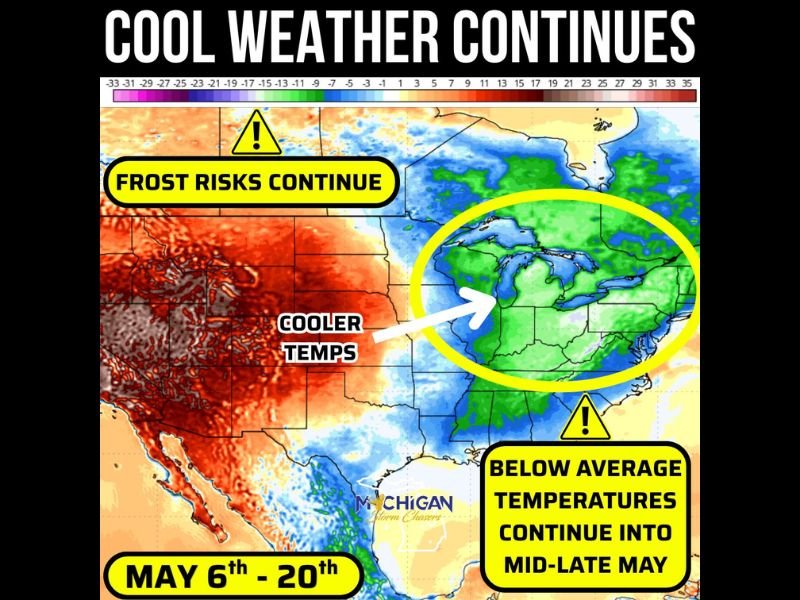 Below Average Temperatures and Frost Risks Locking In Across the Midwest and Great Lakes Through Late May With Upper 40s and 50s Dominating May 6 Through May 20