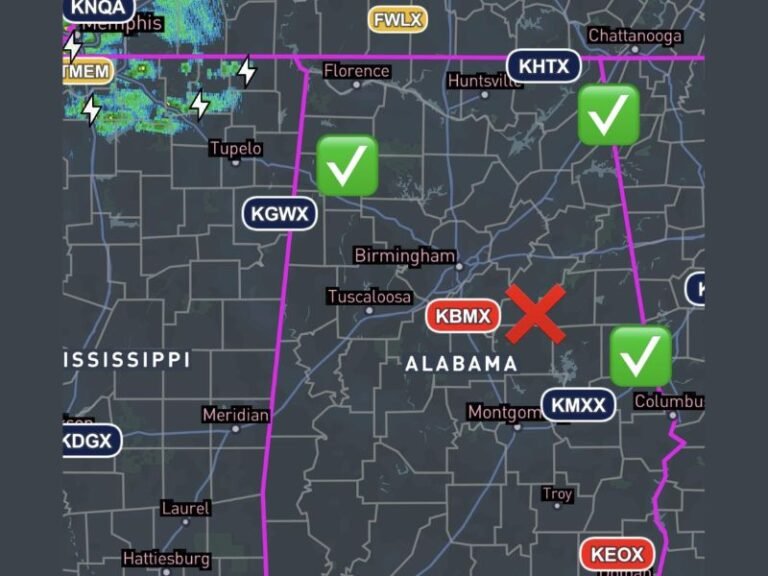 Birmingham Radar KBMX Down During Today's Severe Weather Event Across Alabama With Residents Urged to Use Surrounding Radars to Track Storms Wednesday